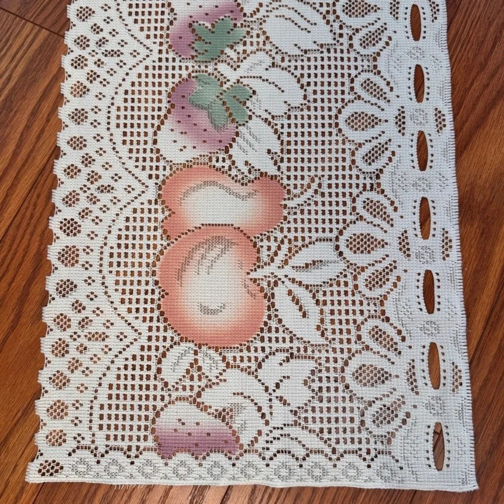 Vintage White Lace Table Runner Fruit Cottagecore Scalloped Edge 57 Inch